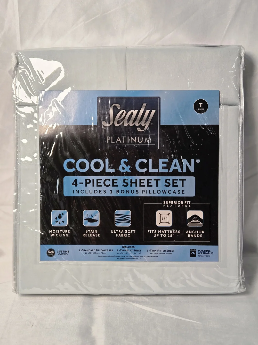 Sealy Platinum Cool & Clean 4-Piece Sheet Set - Light Blue